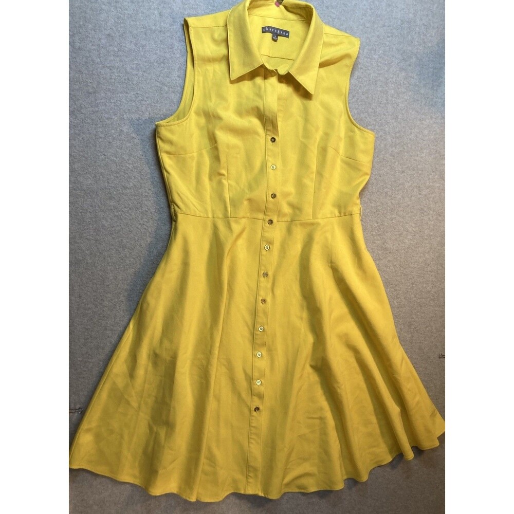 Sharagano Yellow Dress Sz 14Sleeveless Button Up Retro MIDI Twirl Picnic Pockets